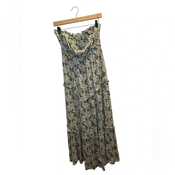 Simplee Olive Green and White Floral Strapless Tiered Maxi Dress with Slit SZ M - Picture 3 of 6